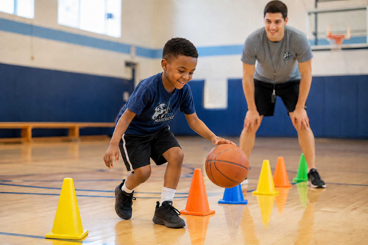 Young GTA Mavericks player learning to dribble with a coach