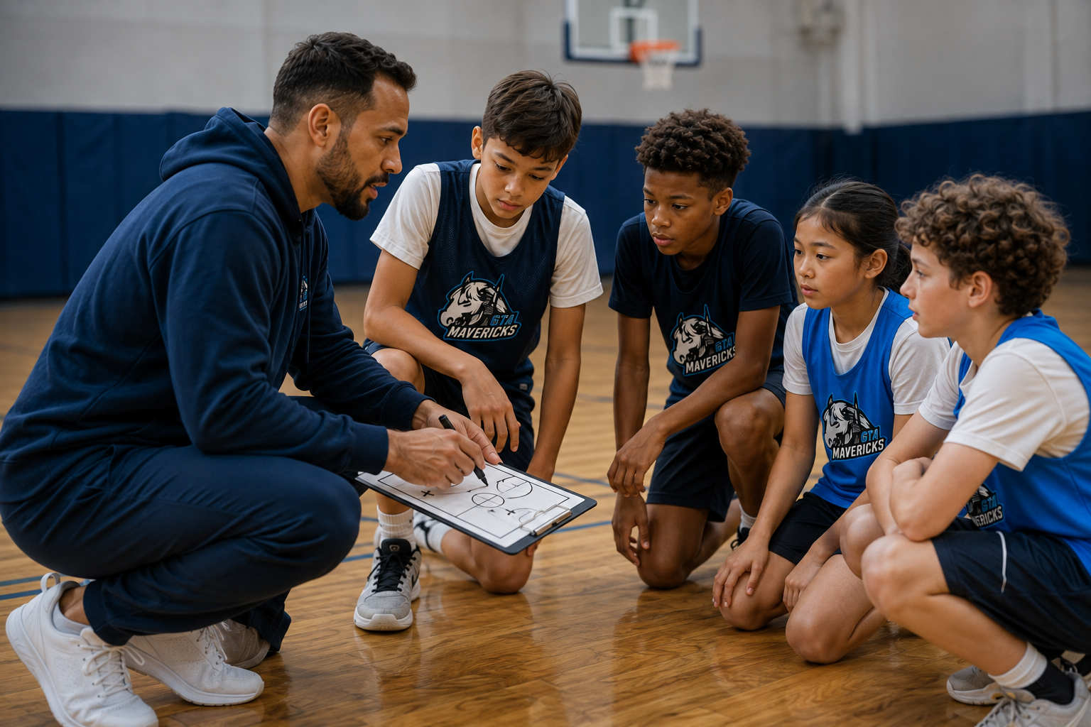 GTA Mavericks Select coach speaking with players in a team huddle